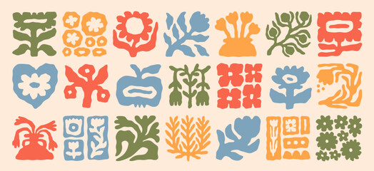 Flower pattern. Abstract nature elements, green art plant leaf or retro tree leaves. Vintage floral background. Retro hippie blossoms decorative botanical elements. Vector flat poster