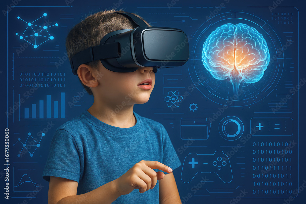 Poster young boy in vr headset interacts with digital brain and stem data with game controller icon child