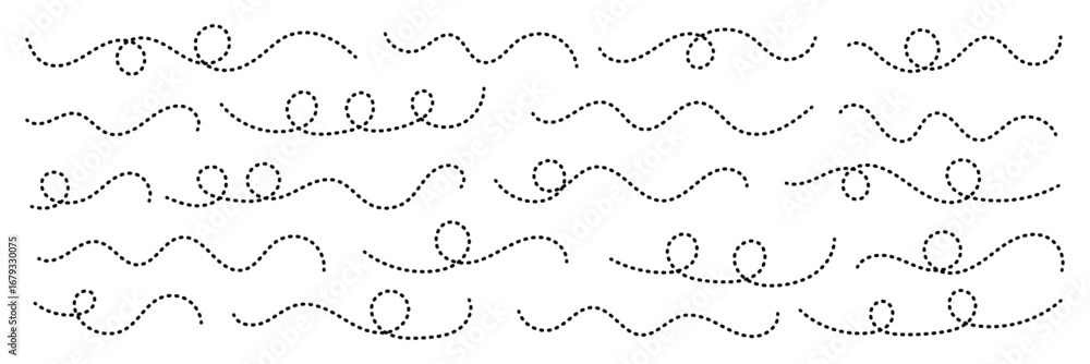 Poster abstract curved dotted swirl line. hand drawn curve dotted line vector set. long squiggle dashed col