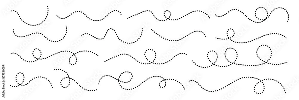 Poster abstract curved dotted swirl line. hand drawn curve dotted line vector set. long squiggle dashed col