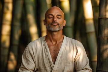 Fototapeta premium A bald, bearded man meditates peacefully amidst a bamboo forest, eyes closed, finding serenity in nature.