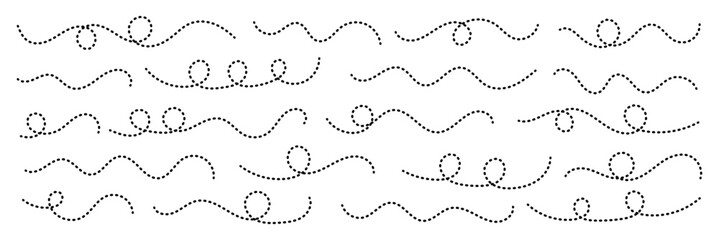 Obraz premium Abstract Curved Dotted Swirl Line. Hand drawn curve dotted line vector set. Long squiggle dashed collection. Dotted Spiral Curve Line. 