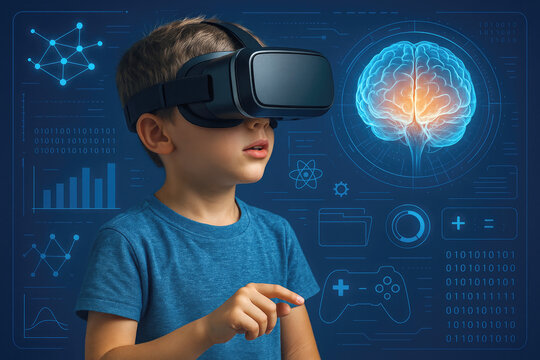 Young boy in VR headset interacts with digital brain and STEM data with game controller icon child