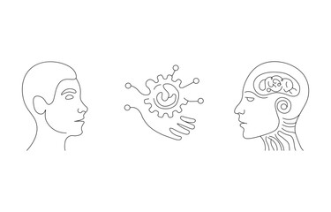 Continuous Line Drawing of Artificial Intelligence Icon. Hand Drawn Symbol Vector Illustration One Line Drawing Human Heads with Brain and Technology Handshake Artificial Intelligence Concept Vector