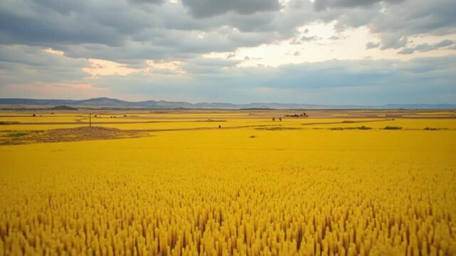 Vast yellow landscape under a cloudy sky at dusk in a remote location