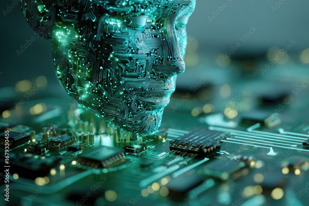 Poster a glowing, circuit-board humanoid head rests on a microchip array