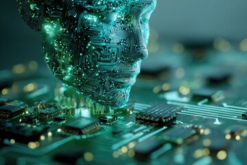 A glowing, circuit-board humanoid head rests on a microchip array