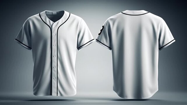 Two White Baseball Jerseys Front And Back Views With Black Trim On Neutral Gray Background For Apparel Mockup