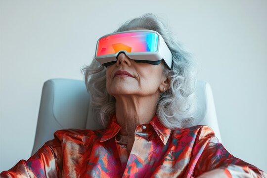 An older woman with gray hair wearing futuristic VR glasses, experiencing immersive technology. - Powered by Adobe