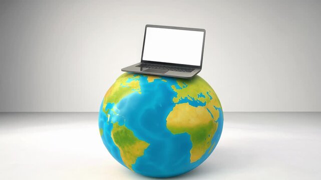 3D laptop computer icon on tiny planet isolated on white background