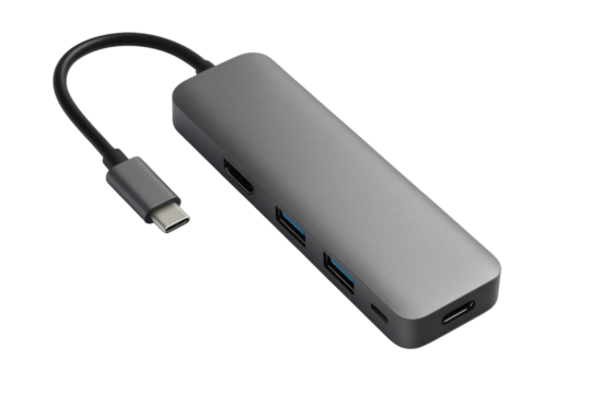 Grey USB-C hub with multiple ports isolated PNG with Transparent Background