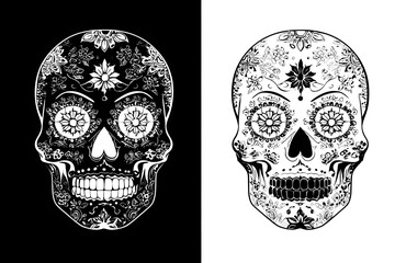 Vector illustration of a back and white sugar skull nd its inverse, white and lack version.