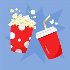 Popcorn and soda with blue background. Can be used for wallpaper, sticker and decoration