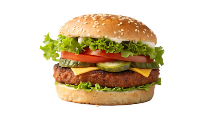 Beyond Meat burger with plant-based patty, lettuce, tomato, pickles, vegan cheese, sesame bun, white background
