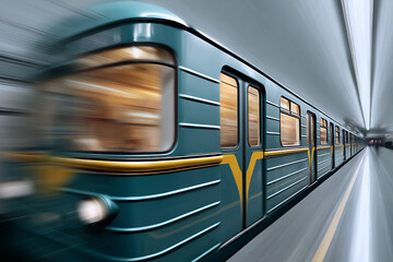 Fototapeta premium Vintage-style dark green subway train in motion entering a modern underground station with dynamic blur effect and bright ceiling lights
