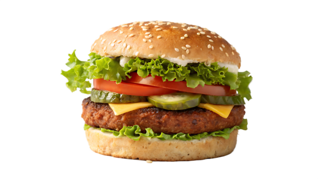 Beyond Meat burger with plant-based patty, lettuce, tomato, pickles, vegan cheese, sesame bun, white background