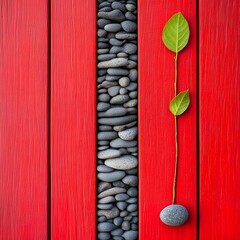 Zen Stones and Leaves on Red Wooden Background Minimalist Nature Still Life Photography