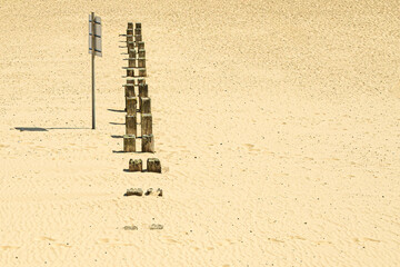 Abstract view of a large, empty beach seen at the height of summer. Timber beach groynes show the...