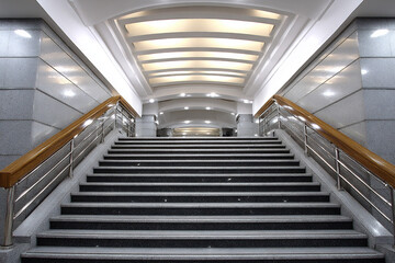 Wide granite staircase with modern metal and wood railings inside a brightly lit public building or subway station with arched ceiling and clean interior
