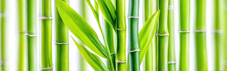 Fototapeta premium Vibrant bamboo stalks stand tall, surrounded by fresh green leaves, creating a peaceful atmosphere full of life