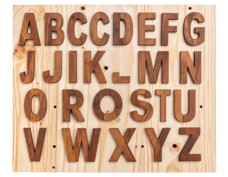  Wooden Alphabet Letters Inlaid on Plywood Panel, Front View with Shadows 