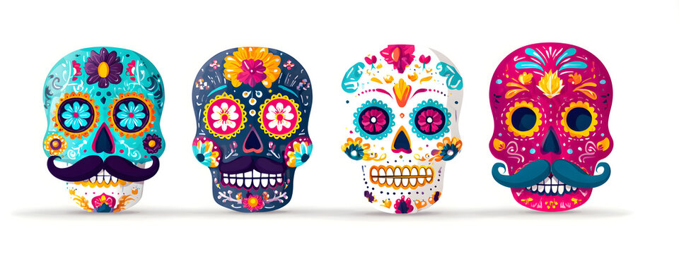 Vector set of Sugar Skulls for mexican Day of the Ded, collection of 4 cut outcolorful human skulls withethnic floral ornament forDia de los Muertos carniva, cartoon smiling masks wih mustache.