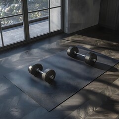 Modern Home Gym Dumbbells on Mat Hardwood Floor