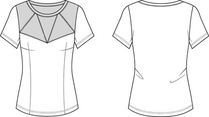 Women short sleeve t-shirt with geometric panel design, casual fashion top, CAD drawing flat vector illustration, technical clothing sketch
