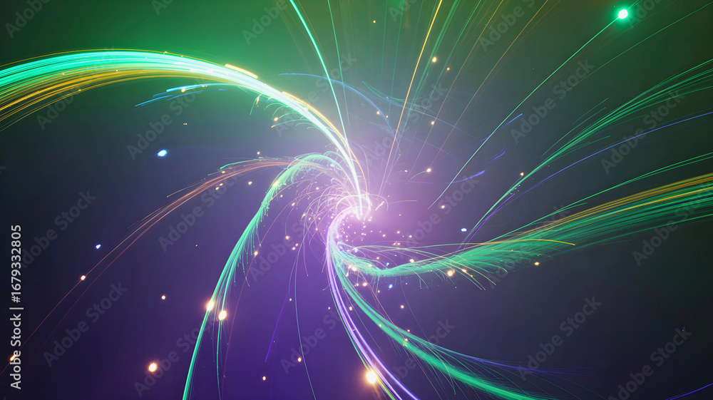 Aufkleber abstract visualization of a futuristic data stream with swirling green and purple light trails in a 