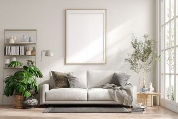 Modern living room with stylish furniture and blank white frame mockup on the wall, interior scene for poster, art print, photo presentation, ISO A size design template for home wall decoration