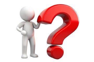 Confused 3d man pondering a giant red question mark