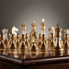 Chess pieces arranged on a wooden chessboard for strategy and play