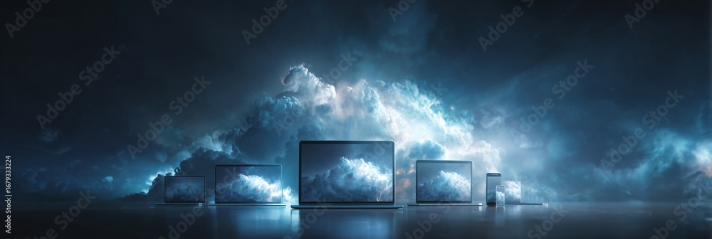 Fototapete Digital devices aligned in a cosmic setting convey a powerful connection between technology and imagination, creating an ethereal atmosphere for future innovations.