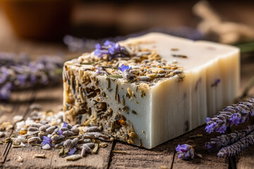 Beautiful lavender soap bar with sprigs and dried herbs on a wooden surface.