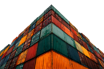 A vibrant stack of colorful shipping containers against a black background.