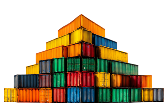 Colorful shipping containers stacked in a pyramid shape.