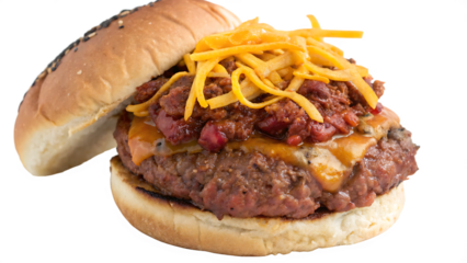 Chili burger with beef patty topped with spicy chili, shredded cheddar cheese, toasted bun, white background