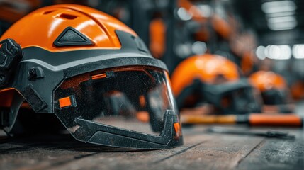 Fototapeta premium Workshop Assembly: Safety helmets with tools on polished concrete floor 