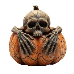 Scary Halloween pumpkin with skull and skeleton hands decoration