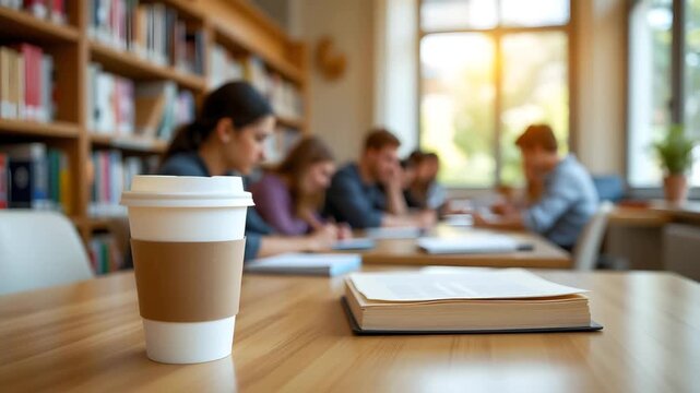 The Study Cafe: A solitary coffee cup sits center, sharing a table with an open book, while a group of students studiously research in a well-lit university library environment.