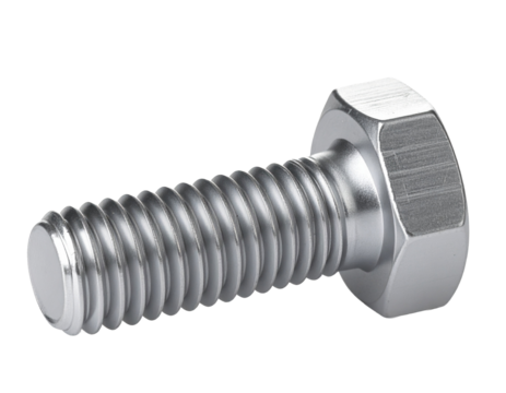 A single, large iron bolt with a hexagonal head, isolated on a white background, representing construction and heavy fastening. - Powered by Adobe