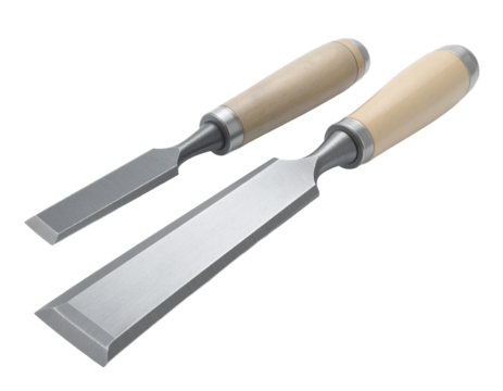 A set of two iron chisels, isolated on a white background, representing woodworking, craftsmanship, and tools.