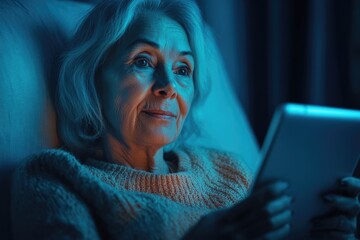 A senior woman relaxes at night, using a tablet, illuminated by soft blue light.