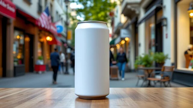 Can on a wooden table: A close-up captures a blank can atop a polished wooden table, set against a backdrop of a bustling pedestrian street, offering a clean and versatile representation. 