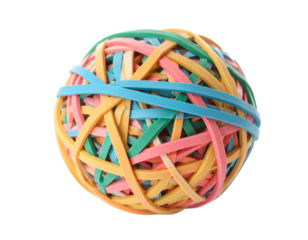 A colorful, tightly wound ball of rubber bands, isolated on a white background, ideal for concepts of creativity and simple tools.