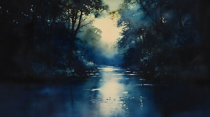 Serene Blue River in Dark Forest Watercolor Painting
