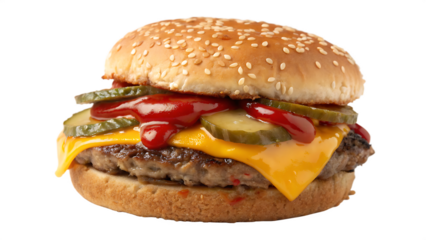 Drive in diner burger with classic beef patty, cheddar cheese, pickles, ketchup, sesame bun, white background