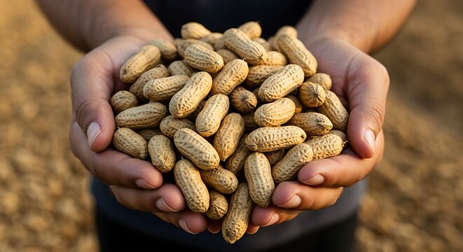 A close-up shot of hands holding natural peanuts against a soft, rustic agricultural background.
