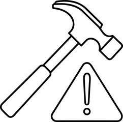 Construction hazard warning sign with hammer representing potential risk and safety awareness promotion on building site project or repair service outline vector icon