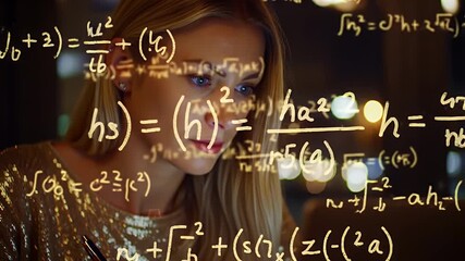 Analytical Blond Woman Engaged with Complex Math Equations in Soft Bokeh Background with Sparkly Top and Low Key - Powered by Adobe